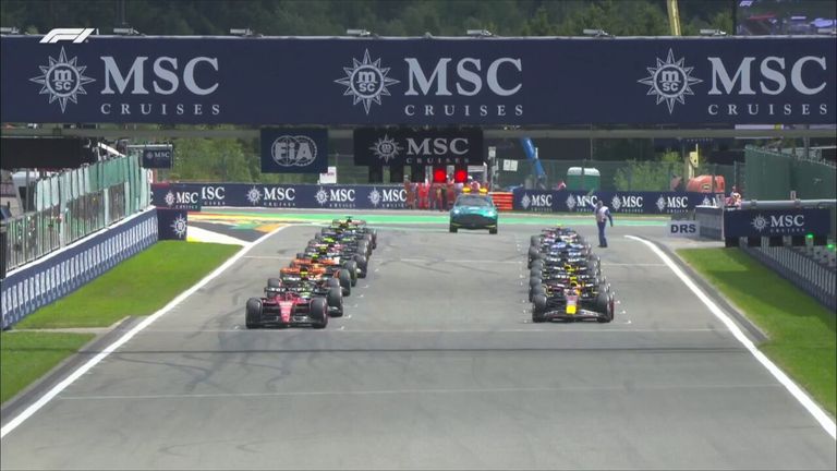 Sergio Perez leads the Belgian GP after the opening lap, with Oscar Piastri already out following an early incident.