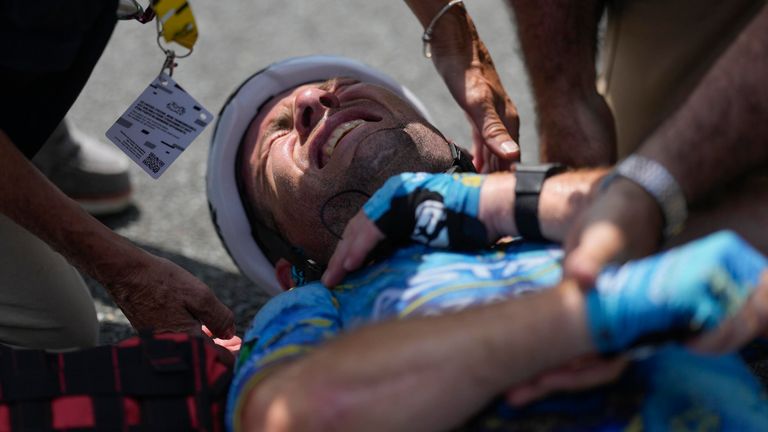 Mark Cavendish's legendary Tour de France ends in agony after crashing on stage eight (AP Photo/Thibault Camus)