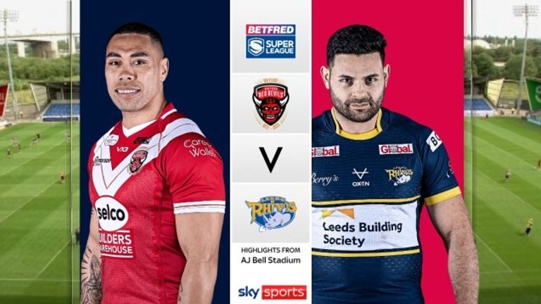 Highlights of the Super League match between Salford Red Devils and Leeds Rhinos.