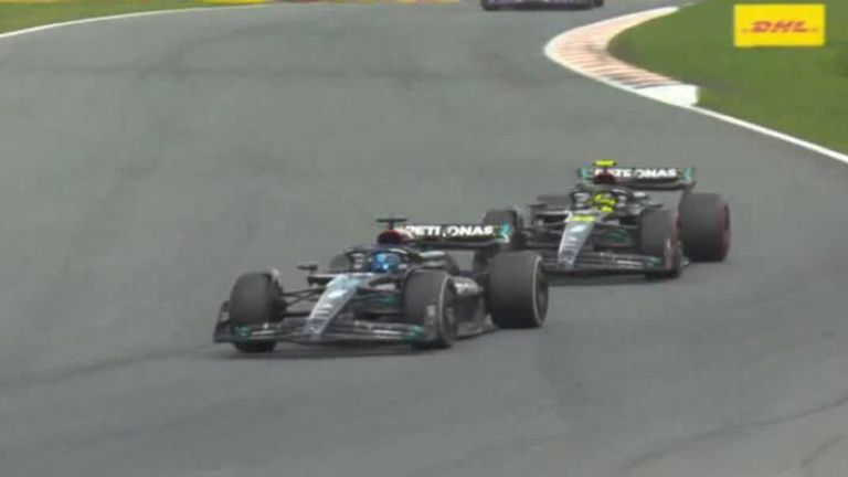 George Russell makes a 'save worthy of a World Cup penalty shootout' after touching the grass in his Mercedes during the Dutch GP.