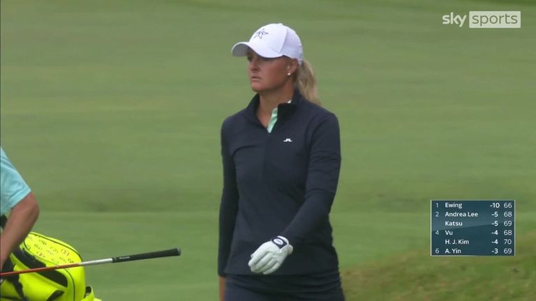 Watch Anna Nordqvist fail to get her ball in the air from the rough and scuff it down the fairway.