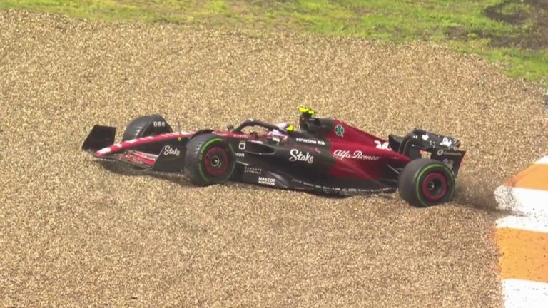 Zhou Guanyu spins off the track and gets beached in the gravel