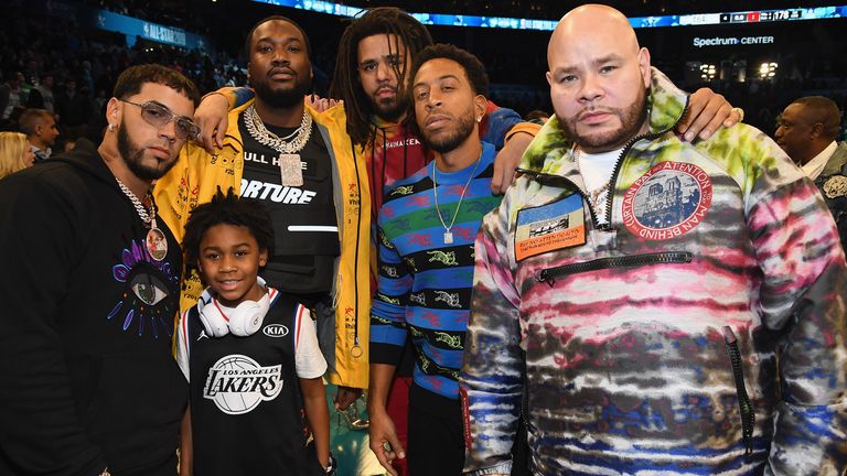 Anuel AA, Meek Mill, J. Cole, Ludacris, and Fat Joe attend the 68th NBA All-Star Game in 2019
