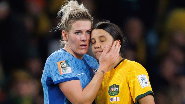 Sam Kerr (R) and Australia were beaten by England in the semi-final stage of the 2023 Women's World Cup