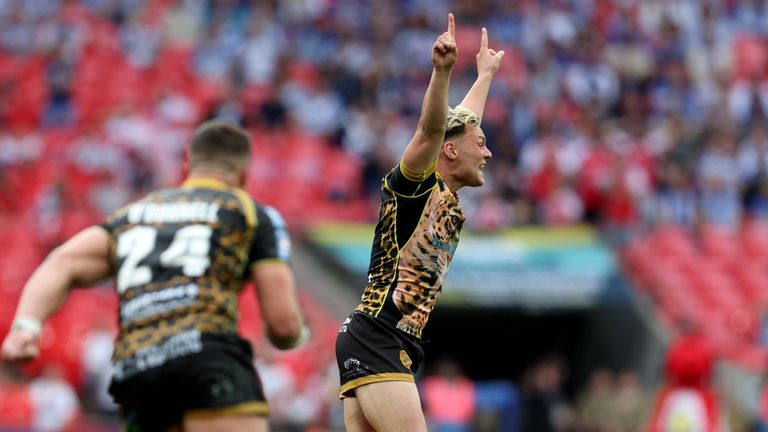 Lachlan Lam celebrates his game-clinching drop goal in Leigh's Challenge Cup final win over Hull KR