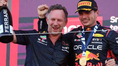 Max Verstappen of RED BULL RACING HONDA RBPT celebrates with Christian Horner, team principal of the Red Bull Formula One team, after winning the Formula 1 Lenovo Japanese Grand Prix at Suzuka Circuit in Suzuka City, Mie Prefecture on September 24, 2
