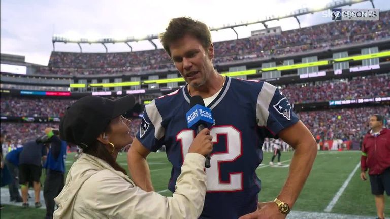 Tom Brady was emotional after having his jersey retired by the New England Patriots at half-time of their home opener against Philadelphia