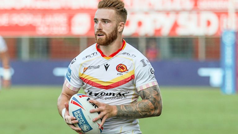 Adam Keighran scores a hat-trick of tries for the Catalans Dragons