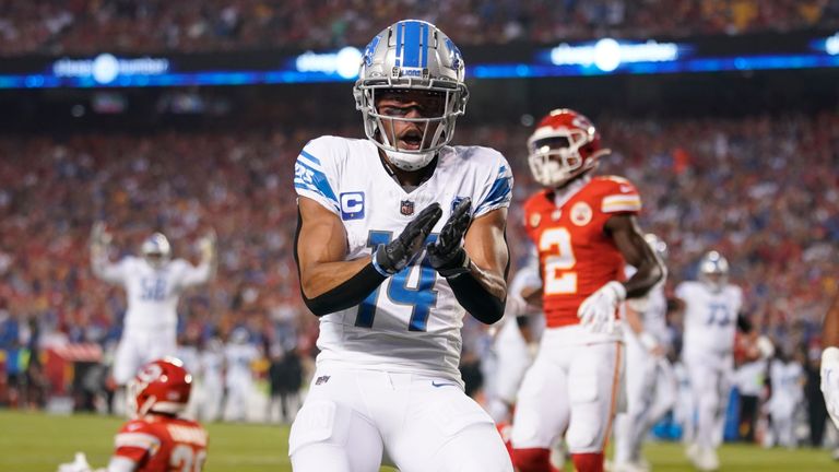 Amon-Ra St. Brown scores the first NFL touchdown of the season, cunningly set up by a fake punt by the Detroit Lions against the Kansas City Chiefs