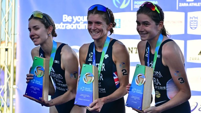 Beth Potter (centre) has only been a triathlete for six years but is now world champion