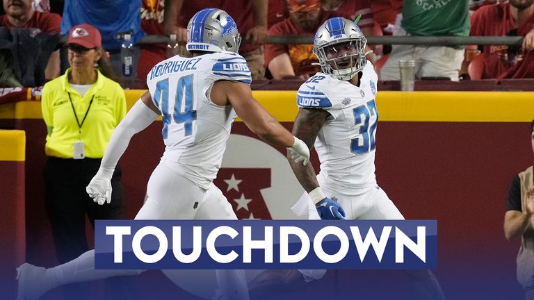 Brian Branch intercepts Patrick Mahomes after a Kadarius Toney tip and returns it 50 yards for a touchdown to bring Detroit level against Kansas City