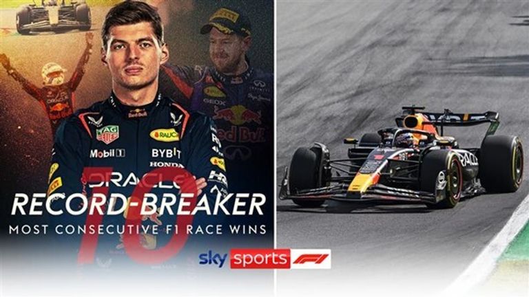 Max Verstappen breaks the record for most consecutive race wins as Charles Leclerc and Carlos Sainz battle for P3.