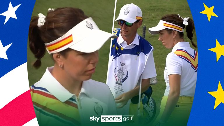 Georgia Hall misses the green twice on the ninth in her match-up with Lexi Thompson and Lilia Vu at the Solheim Cup