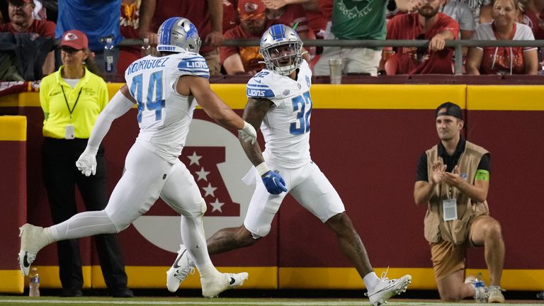 Brian Branch intercepts Patrick Mahomes after a Kadarius Toney tip and claims his first ever NFL touchdown for the Detroit Lions against the Kansas City Chiefs in Week 1 of the NFL.