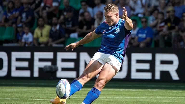 Namibia's Tiaan Swanepoel kicks a penalty 