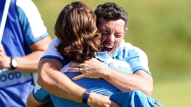 Team Europe's Rory McIlroy and Tommy Fleetwood celebrate after winning their foursomes match on day one