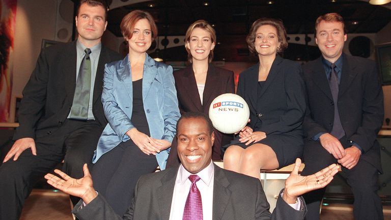 Sky Sports News launched 25 years ago - from left Dave Clark, Carrie Frais, Kelly Cates, Clare Tomlinson, Julian Waters and (front) Mike Wedderburn