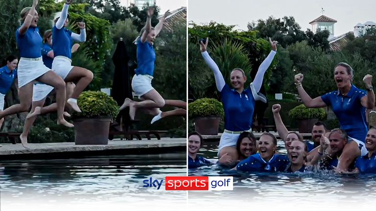 ¡El equipo de Europa celebró retener la Copa Solheim en España saltando a la piscina!