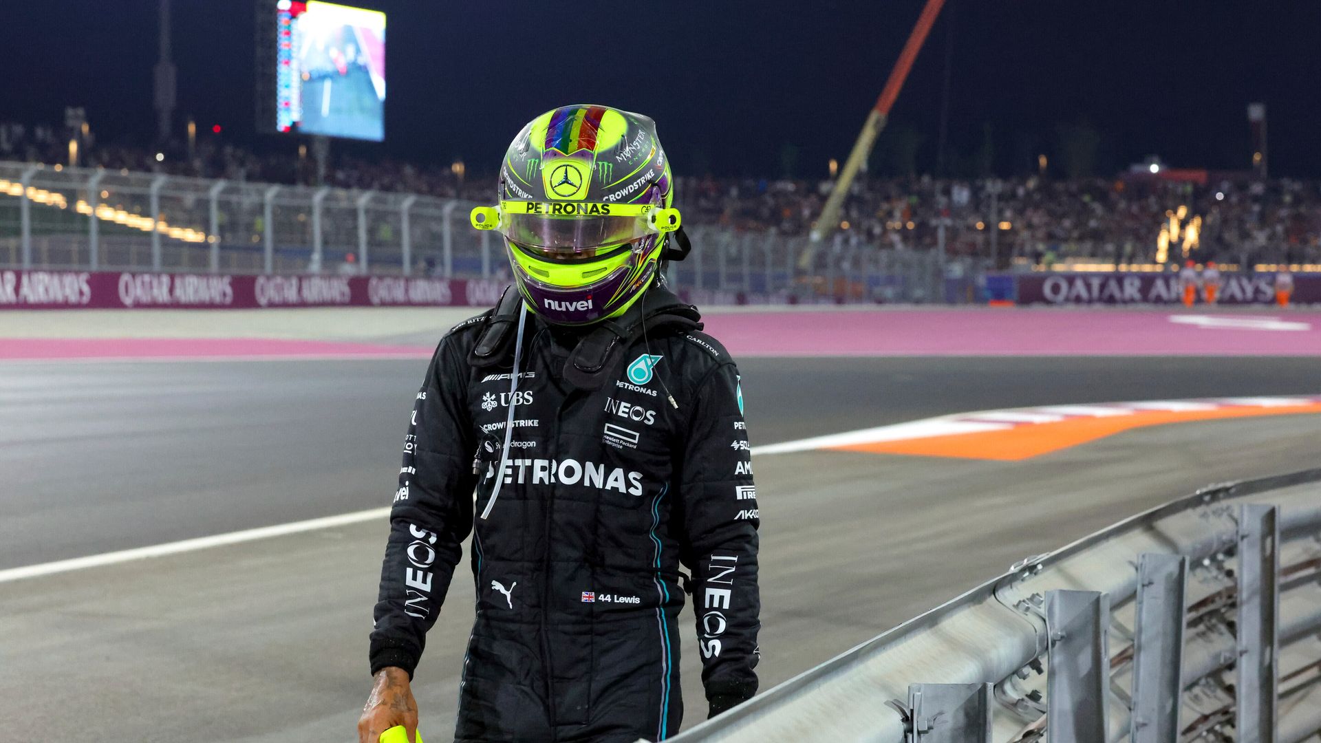Could Hamilton face further punishment? Watch moment he walks across Qatar track