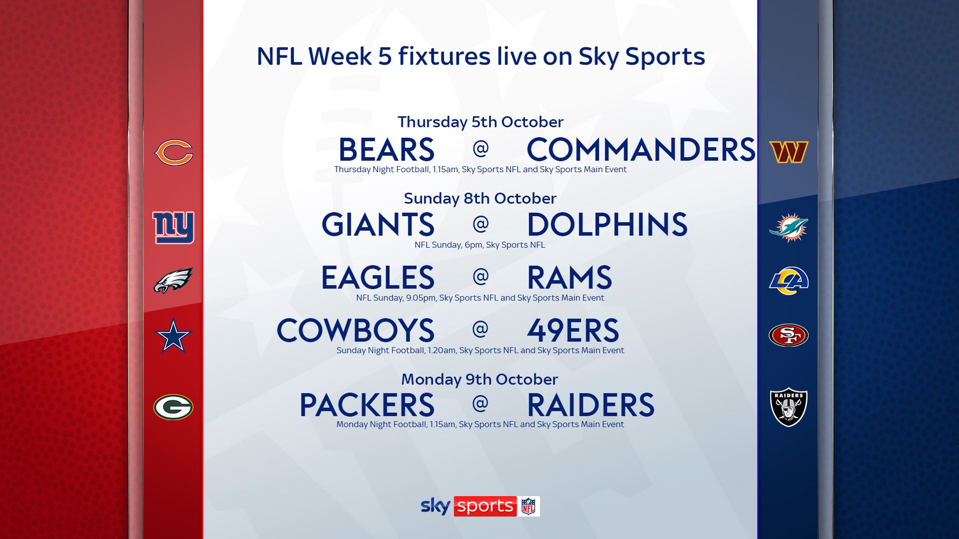 Which NFL games are live on Sky in Week Five?