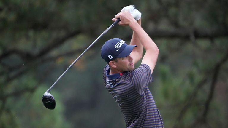 Chesson Hadley watches his shot from the ninth tee 