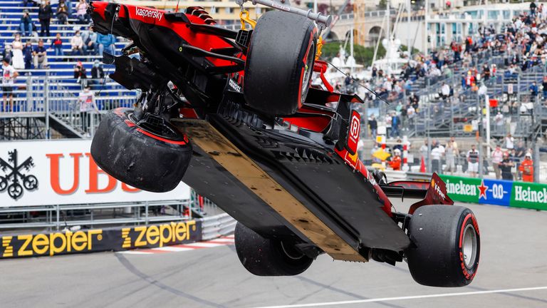 A look at the underside of Charles Leclerc's Ferrari back at the 2021 Monaco GP as it was winched away following a crash 