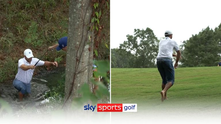 At the Sanderson Farms Championship, Wesley Bryan fell into a creek and got covered in mud before going on to make par at the par-five 14th!
