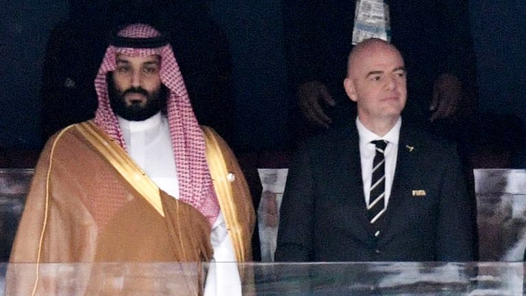 Saudi Arabia Crown Prince Mohammed bin Salman, left, next to FIFA President Gianni Infantino at the 2018 World Cup