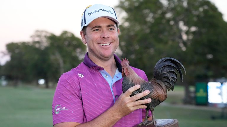 Luke List holds the trophy after his dramatic victory in the Sanderson Farms Championship