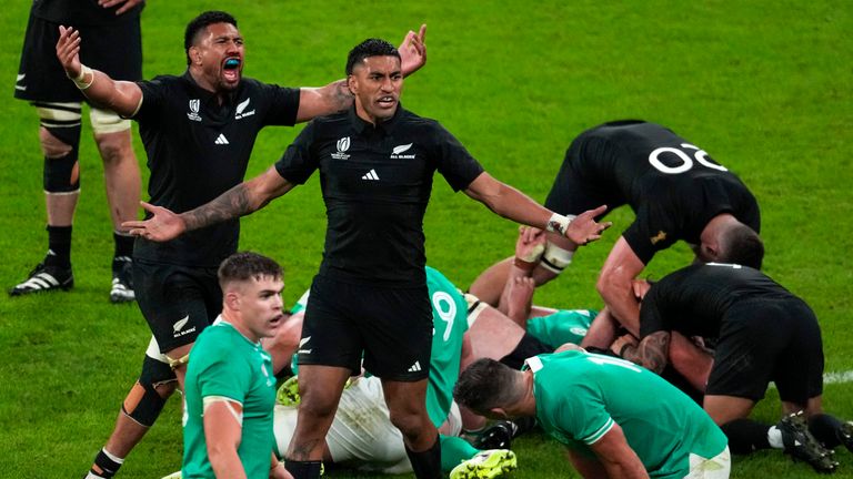 New Zealand players celebrate after beating No 1 side Ireland last weekend