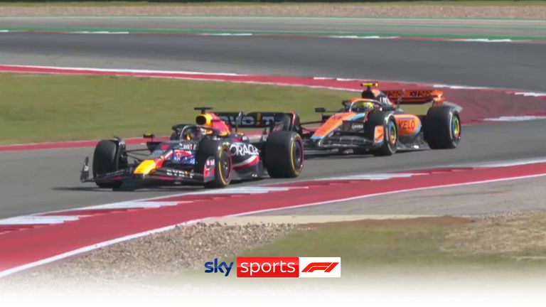 Max Verstappen catches Lando Norris by surprise by diving down the inside on Turn 12, taking the lead of the United States GP