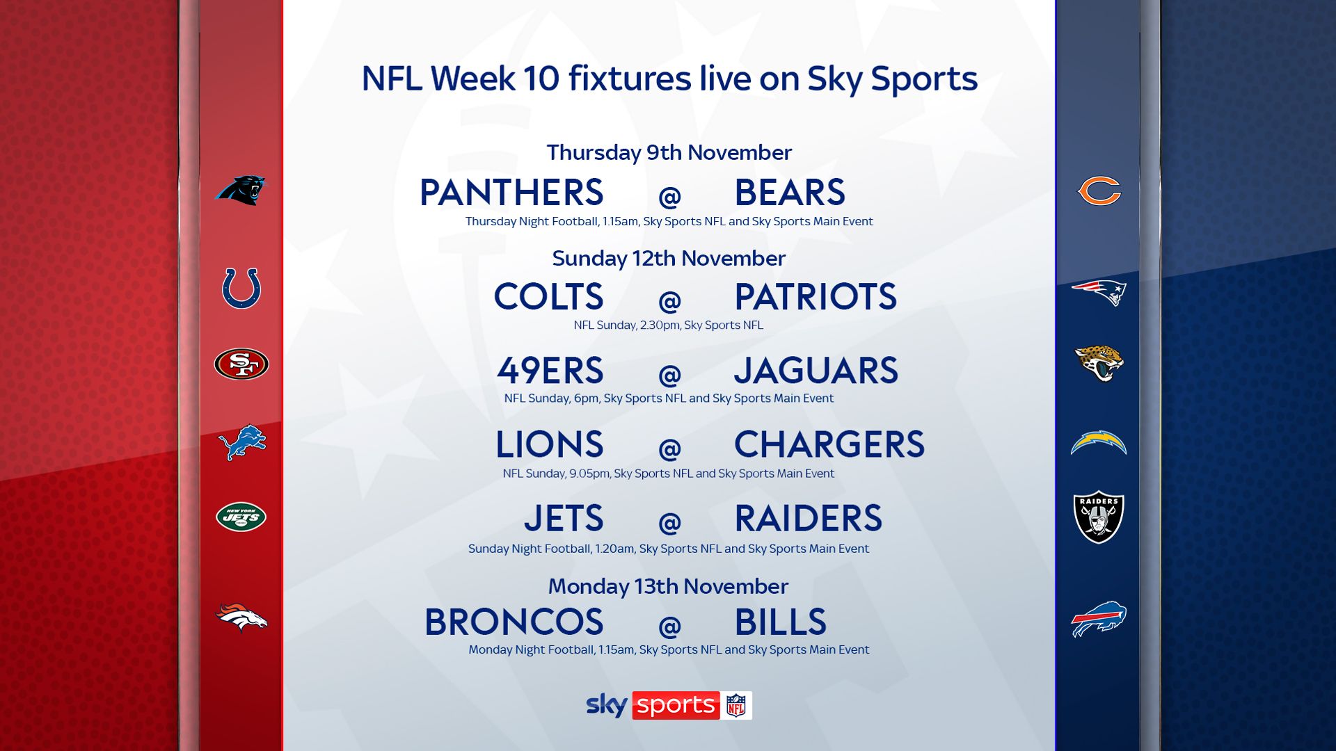 Which NFL games are live on Sky in Week 10?