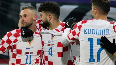 Croatia's players celebrate their second goal against Latvia