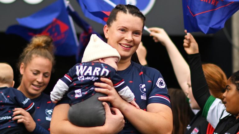 Abbie Ward walked out with her 17-week old baby ahead of the match with Sale