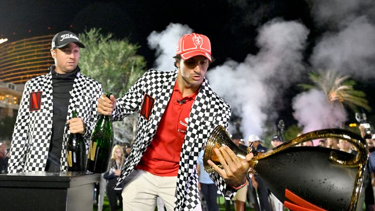 Sainz broke the trophy while celebrating victory alongside Thomas in Las Vegas
