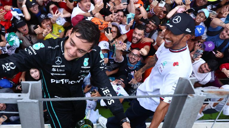 George Russell and Lewis Hamilton celebrate Mercedes' one-two at the Sao Paulo Grand Prix in 2022