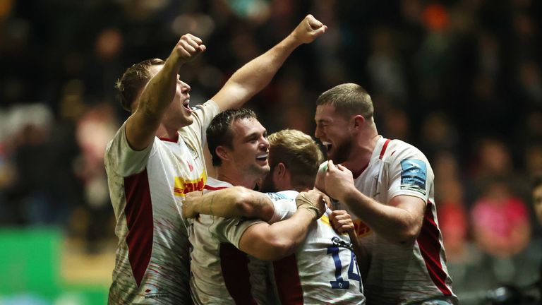 Harlequins moved to the top of the Premiership table after a bonus-point win away at Leicester on Saturday               