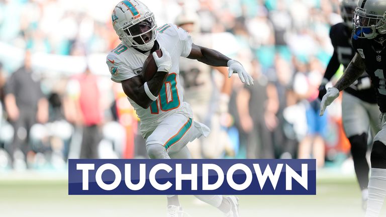 Miami Dolphins' Tyreek Hill  leaves the Las Vegas Raiders defence clawing at thin air as he sprints away for his ninth touchdown of the season!