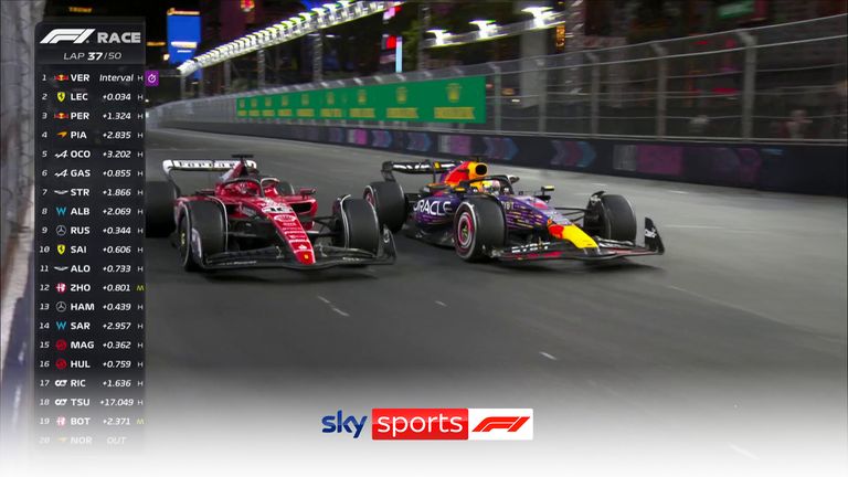 Max Verstappen overtakes Charles Leclerc for the race lead in Las Vegas.