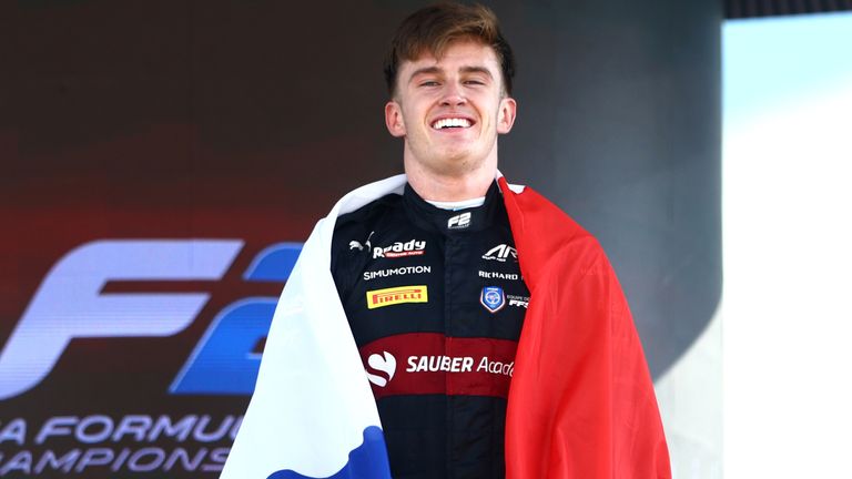 Theo Pourchaire celebrates winning his maiden Formula 2 title
