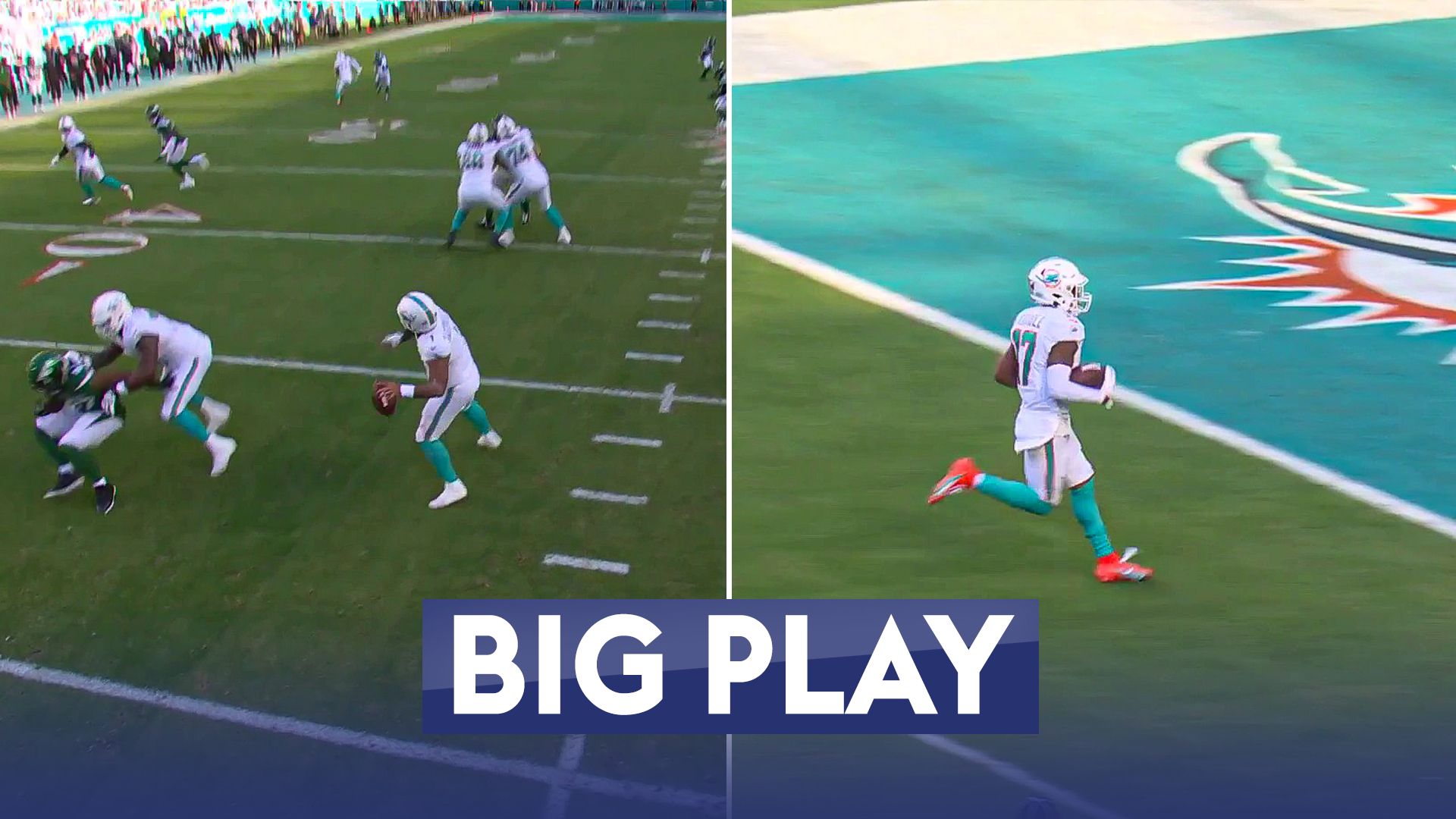 Tua throws huge 60-yard TD to Waddle!