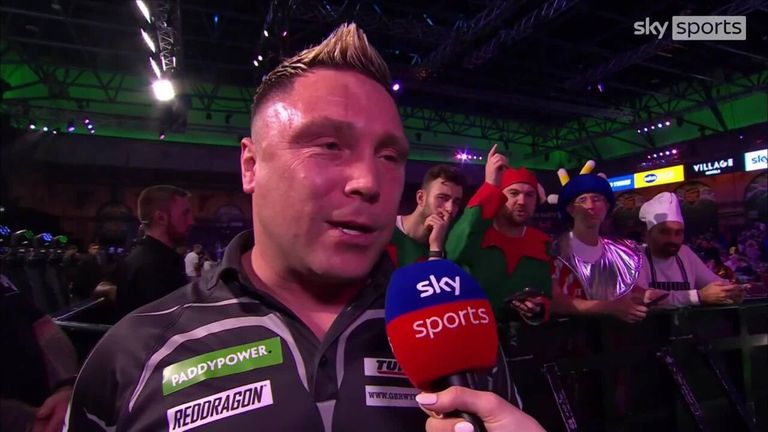 Gerwyn Price reacts to his 3-0 second round win over Connor Scutt in the 2024 World Darts Championship. 