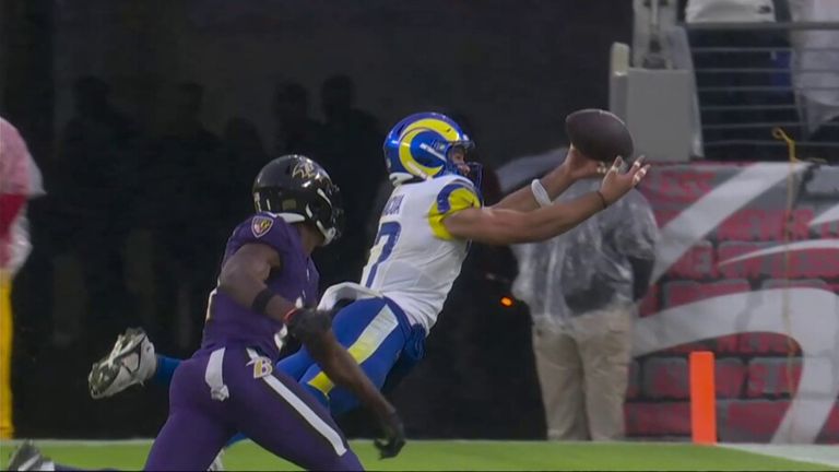 Puka Nacua dives for an outstanding catch for the LA Rams against the Baltimore Ravens