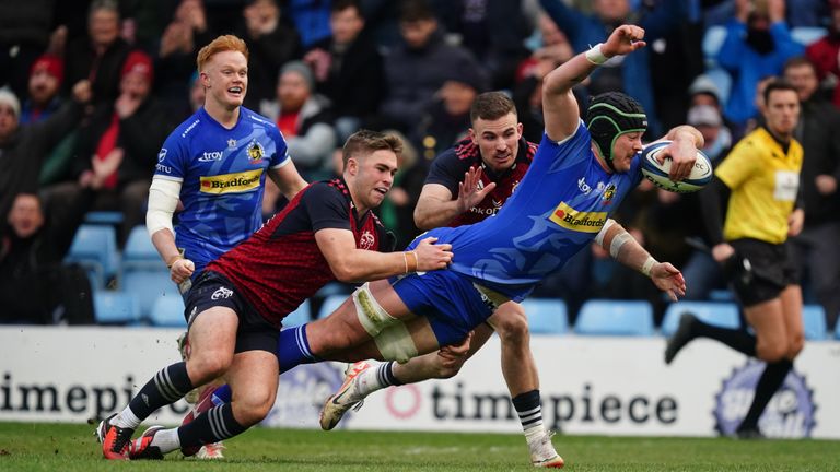 Exeter's Jack Dunne scores a try during the Investec Champions Cup match at Sandy Park