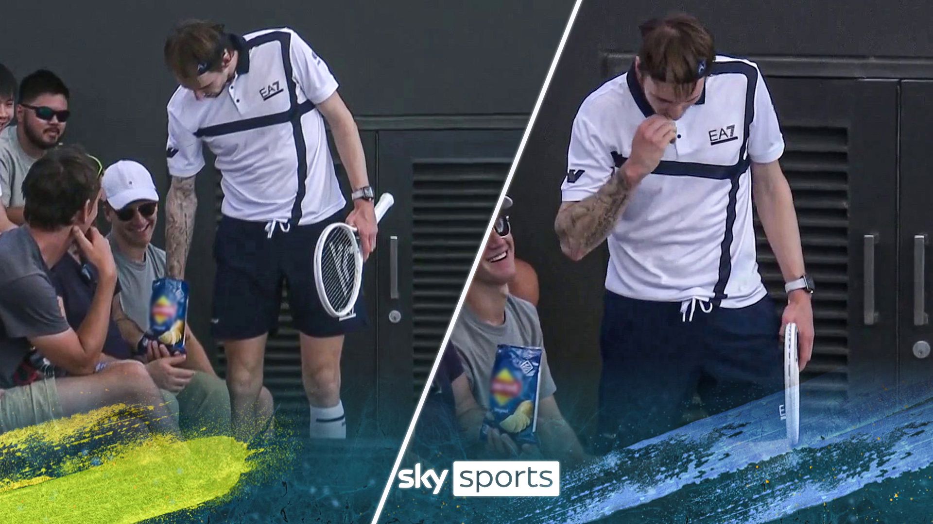 Tennis player helps himself to fan's crisps!