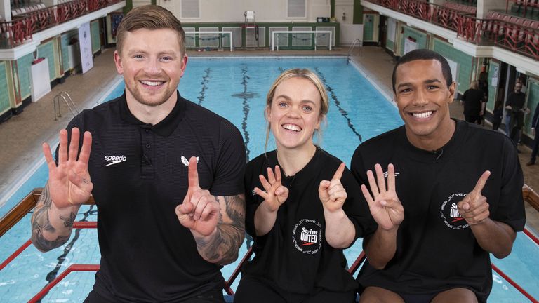 Adam Peaty, Ellie Simmonds and Gunning at an event in Birmingham during the launch of the Speedo Swim United campaign for change, aiming to ensure that all children leaving primary school in the UK in 2025 can swim 25 metres