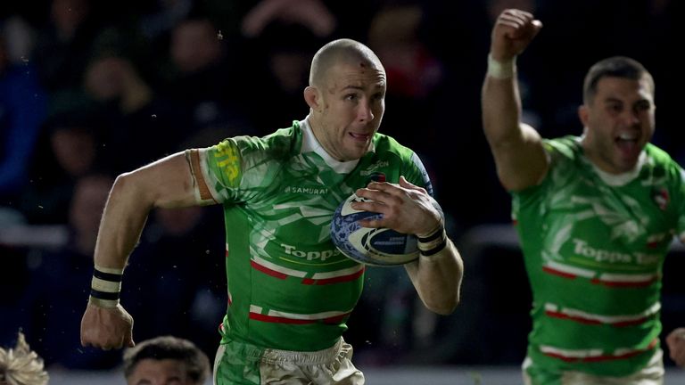 Leicester's Mike Brown races away for a try in the win over Harlequins