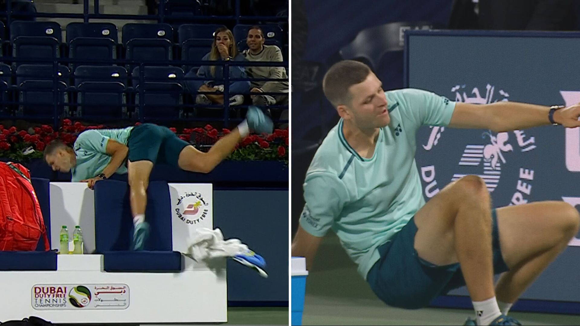 Hurkacz somersaults over bench and lands on his feet!
