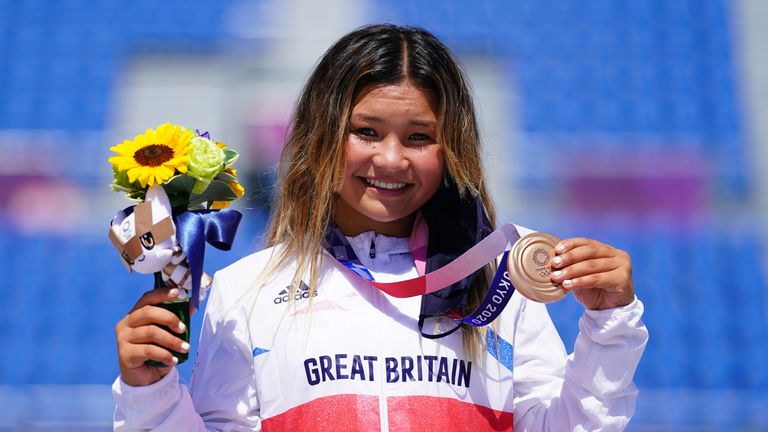Sky Brown with her bronze medal at the Tokyo 2020 Olympics for skateboarding 