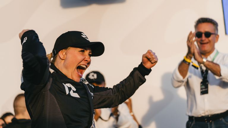Emma Kimilainen celebrates winning the first ever E1 race with Team Brady in Jeddah